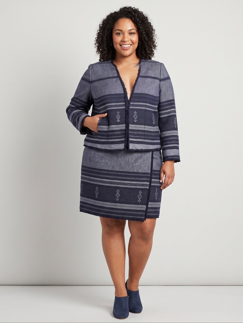 🆕️ LOFT Blue & Grey Jacquard Fringe Blazer & Wrap Skirt Size 12 - Jacket XL